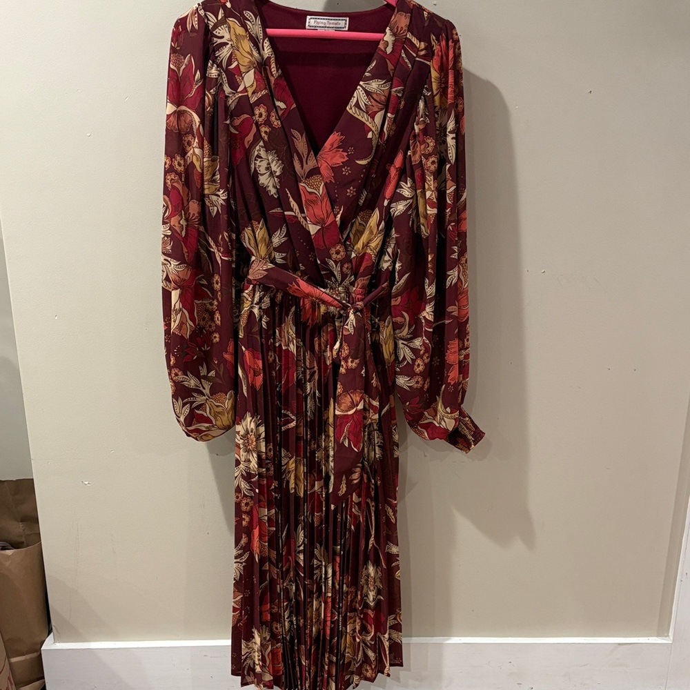 Flying Tomato Burgundy Floral Long Sleeve Dress